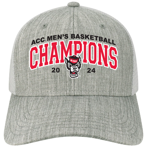 NC State Wolfpack Melange Grey and White 2024 ACC Men's Basketball Champions Mid Pro Snapback Adjustable Hat
