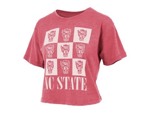 NC State Wolfpack Women's Heathered Red Checkered Wolfhead Crop Top