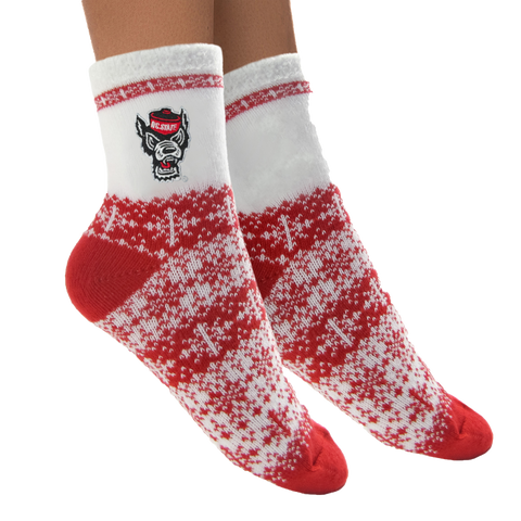 NC State Wolfpack Red and White Snowflake Holiday Fuzzy Socks