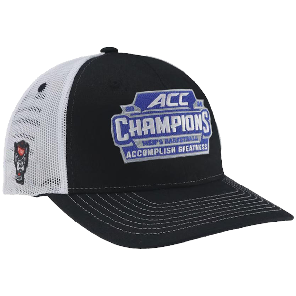 NC State Wolfpack Black and White 2024 ACC Men's Basketball Conference Tournament Champions Locker Room Adjustable Zephyr Trucker Hat