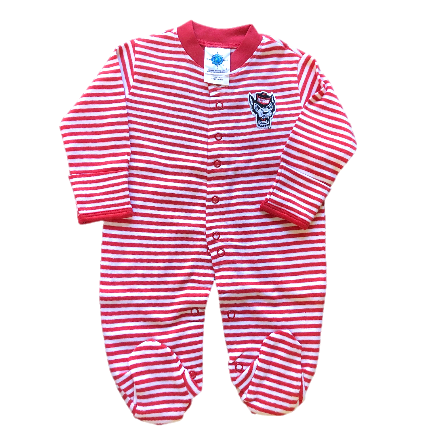 NC State Wolfpack Infant Red and White Striped Wolfhead Footed Romper