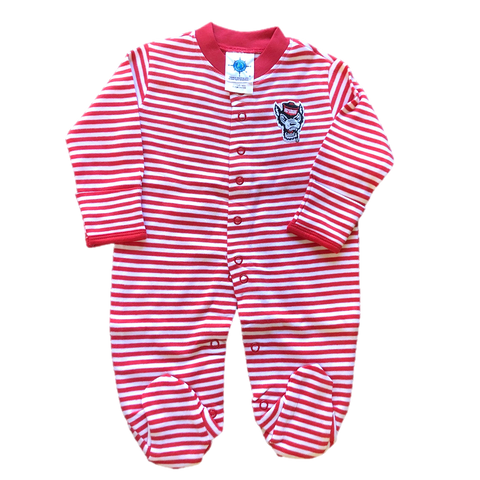 NC State Wolfpack Infant Red and White Striped Wolfhead Footed Romper