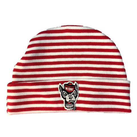 NC State Wolfpack Creative Knitwear Red and White Striped Wolfhead Newborn Knit Hat