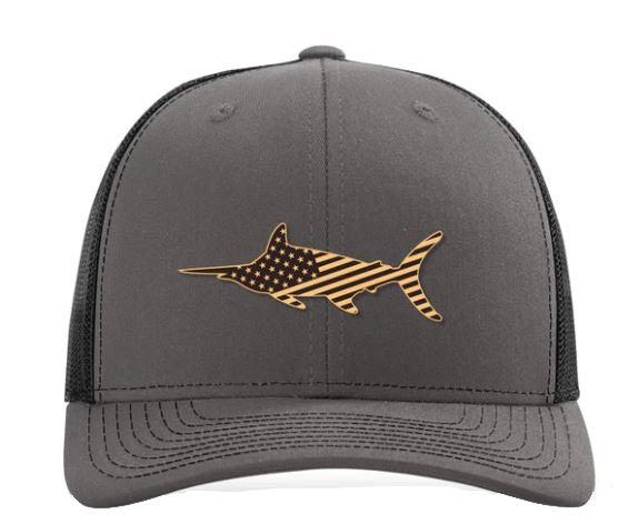 Charcoal Grey and Black Marlin USA Flag Adjustable Mesh Hat – Red