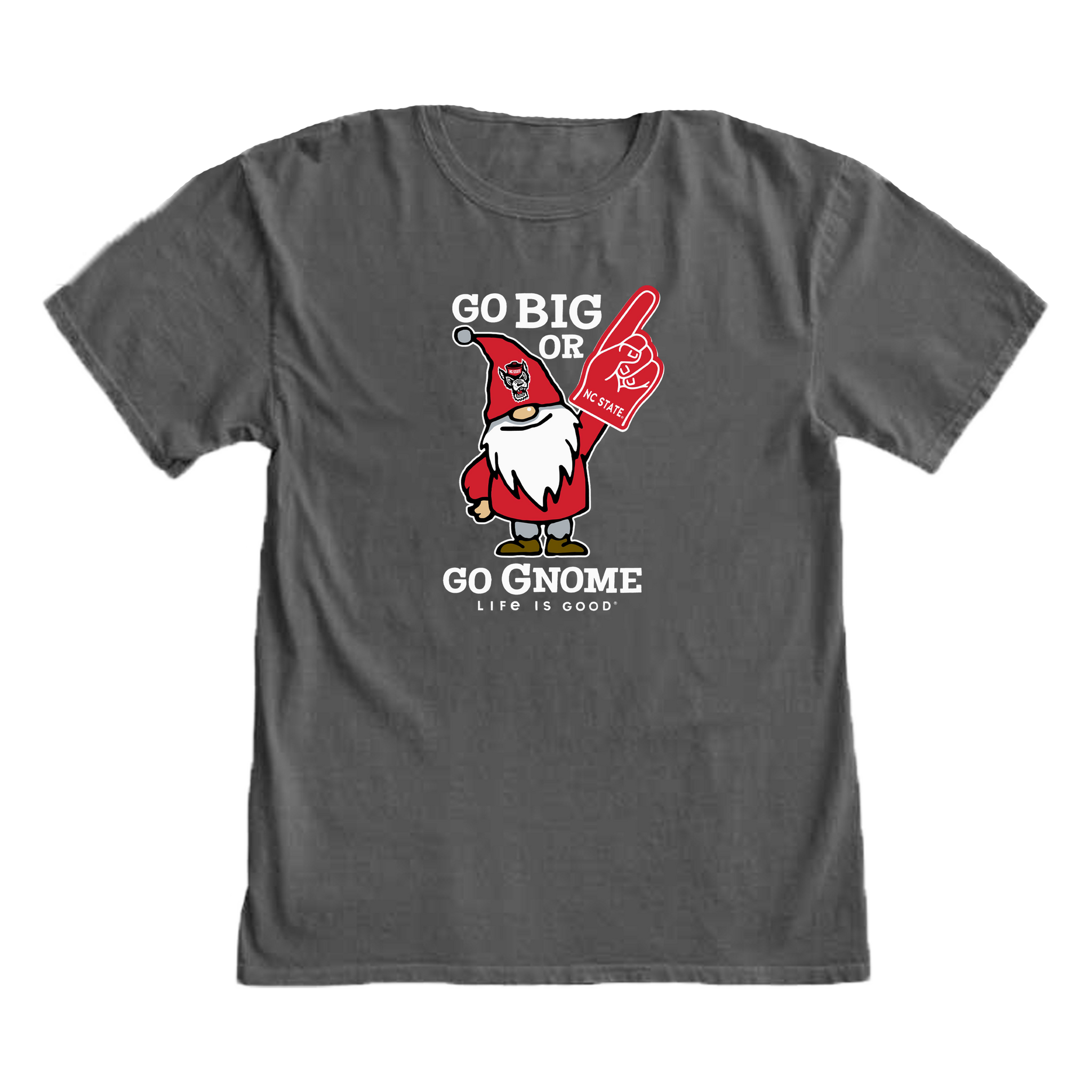 NC State Wolfpack Life is Good Grey "Go Big or Go Gnome" T-shirt