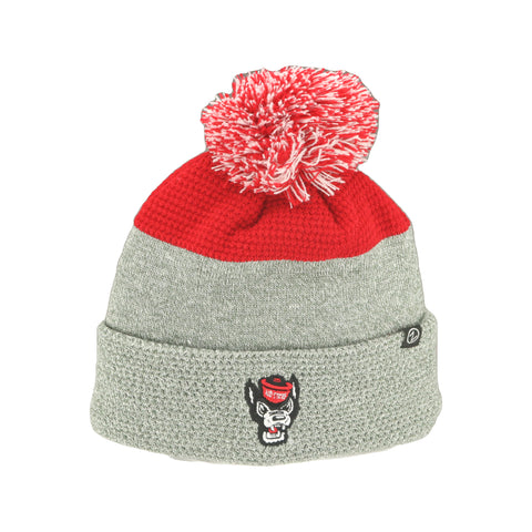 NC State Wolfpack Grey and Red Wolfhead Ozone Knitted Cuff Pom Beanie