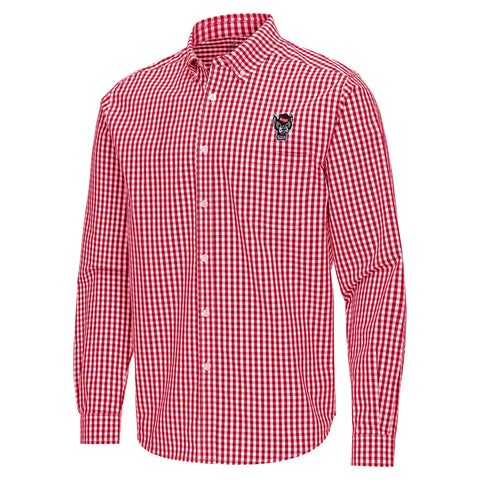 NC State Wolfpack Antigua Red and White Gingham Ellis Long Sleeve Button Down Shirt