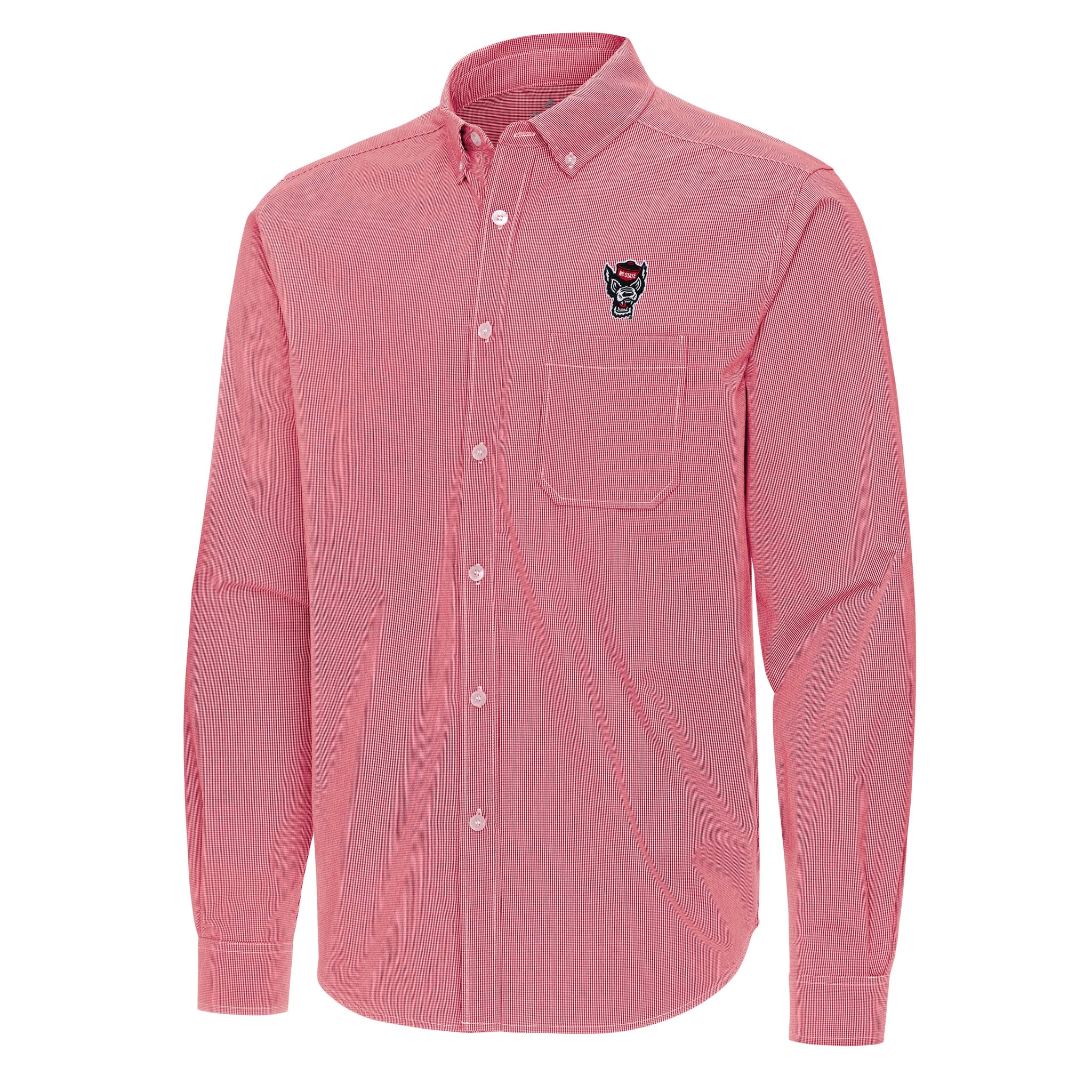 NC State Wolfpack Antigua Red and White Micro Check Porter Long Sleeve Button Down Shirt