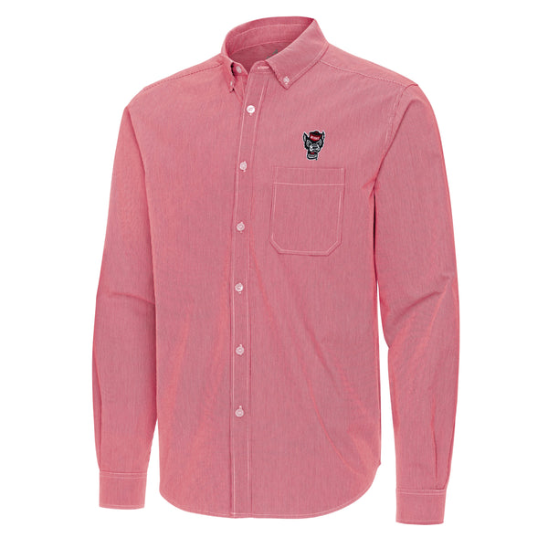NC State Wolfpack Antigua Red and White Micro Check Porter Long Sleeve Button Down Shirt