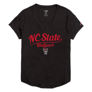 NC State Wolfpack Women's Black Vintage Script Rounded Bottom T-Shirt