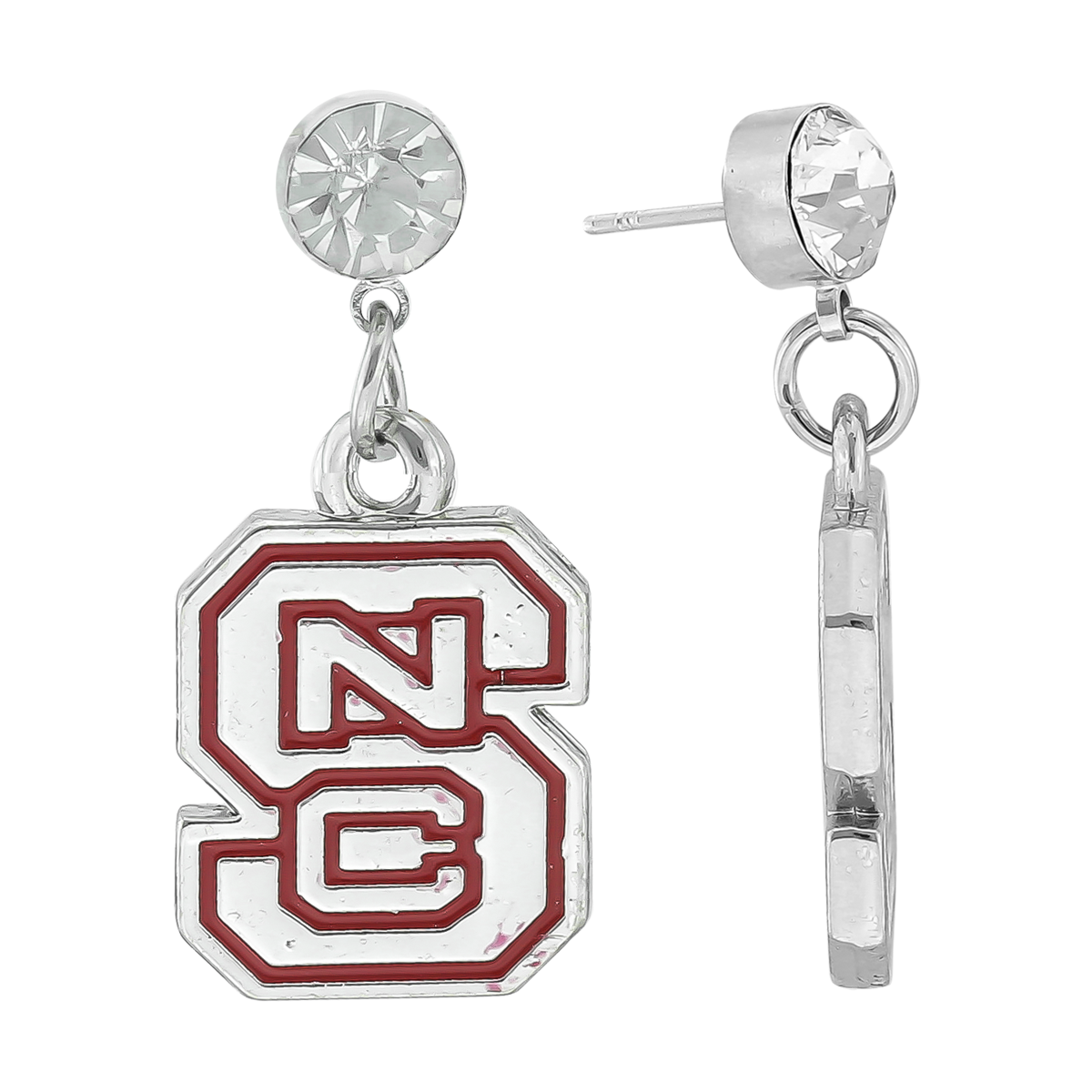 NC State Wolfpack Silver Gem Stud Block S Dangle Earrings