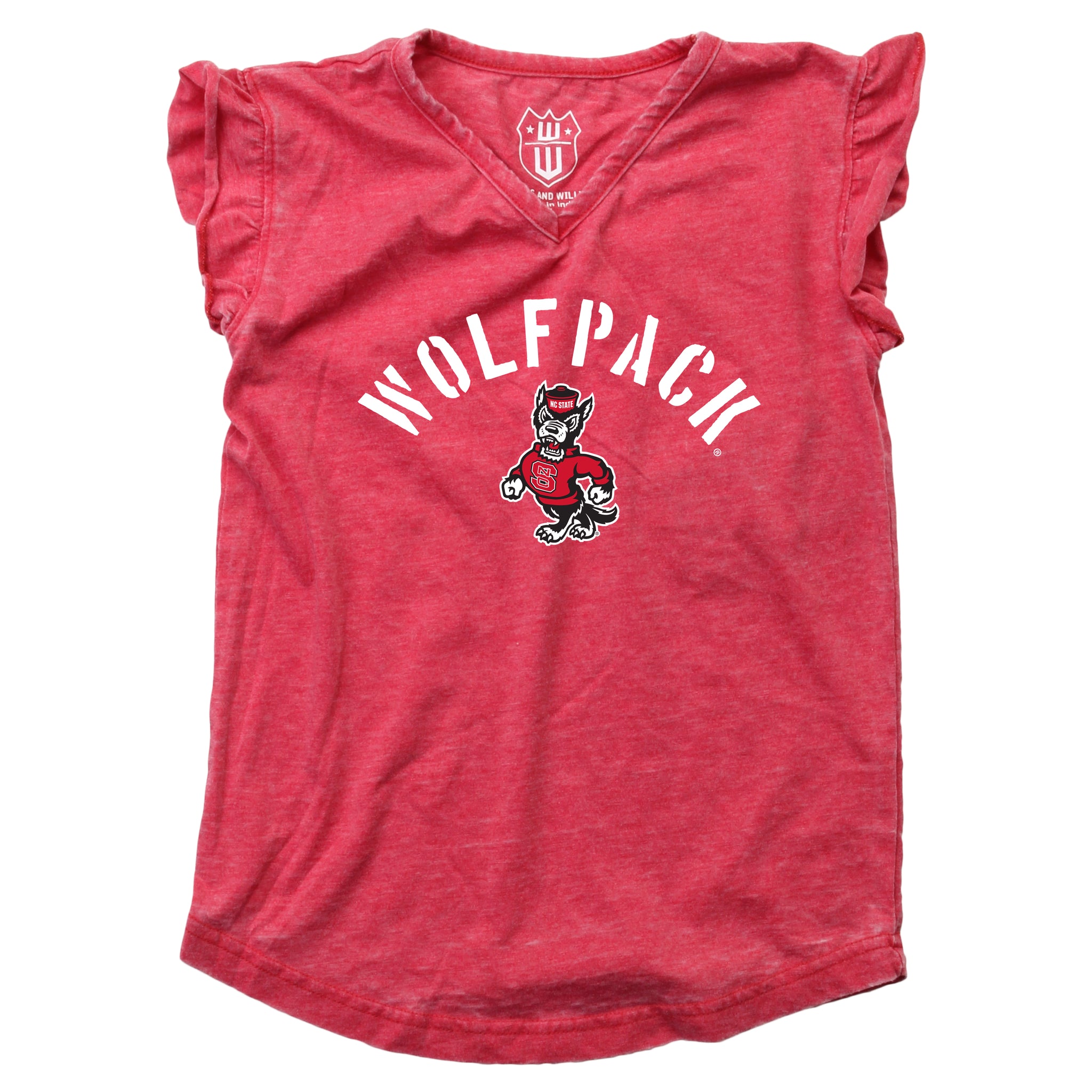 NC State Wolfpack Kids Girls Cherry Ruffle Sleeve Strutting Wolf Tee