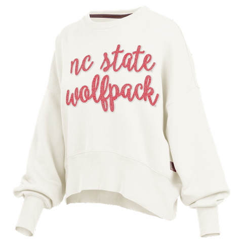 NC State Wolfpack Women's Ivory Script Dolman Waist Length Oversized Crewneck
