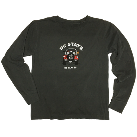 NC State Wolfpack Life Is Good Black Dyed Ringspun Jake 4x4 Long Sleeve T-Shirt