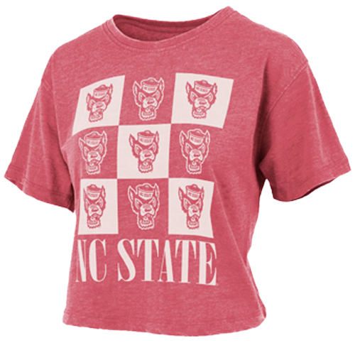 NC State Wolfpack Women's Heathered Red Checkered Wolfhead Crop Top