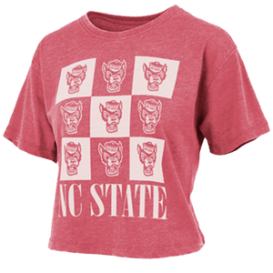 NC State Wolfpack Women's Heathered Red Checkered Wolfhead Crop Top