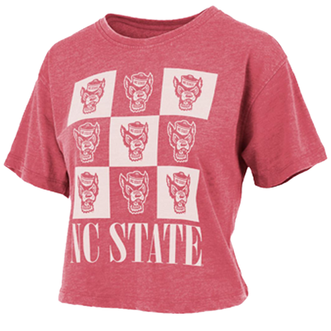 NC State Wolfpack Women's Heathered Red Checkered Wolfhead Crop Top