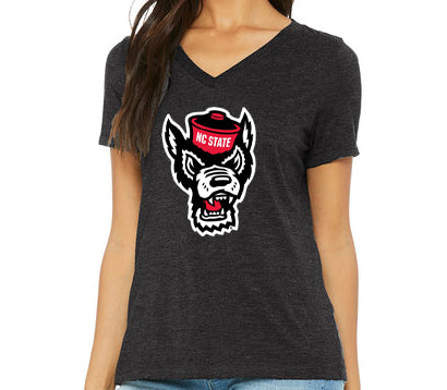 NC State Wolfpack Women's Dark Heather Grey Wolfhead V-Neck T-Shirt