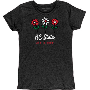 NC State Wolfpack Women's Heather Black Life is Good Flowers Script T-Shirt