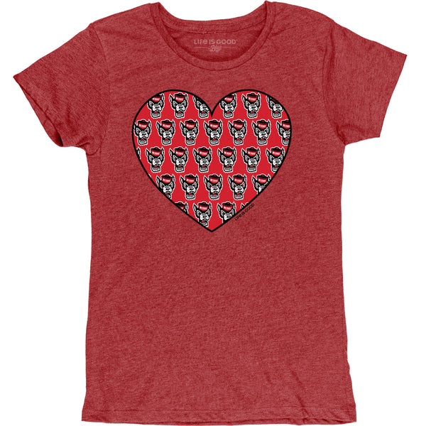 NC State Wolfpack Women's Heather Red Life is Good Repeating Wolfhead Heart T-Shirt