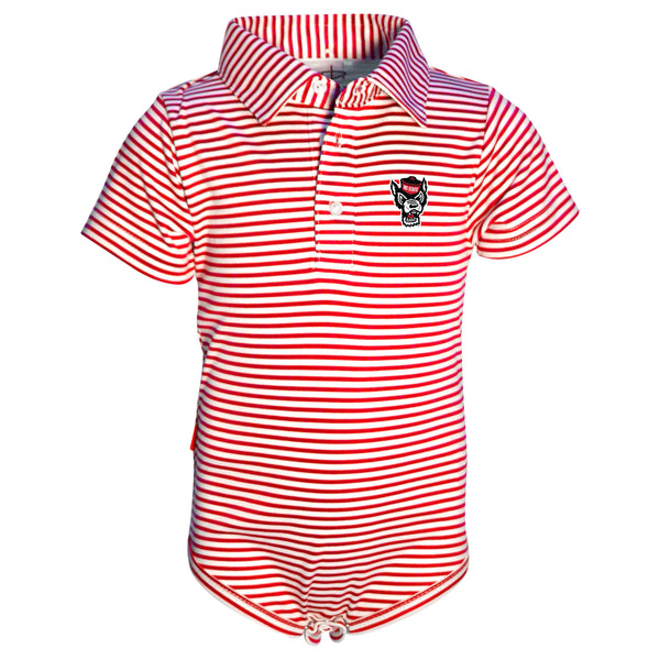 NC State Wolfpack Infant Red and White Striped Wolfhead Carson Polo Onesie