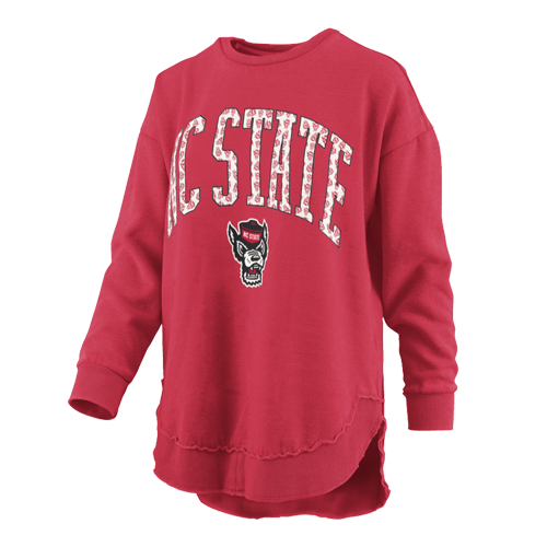 NC State Wolfpack Women's Red Wolfhead Fill Rounded Bottom Crewneck