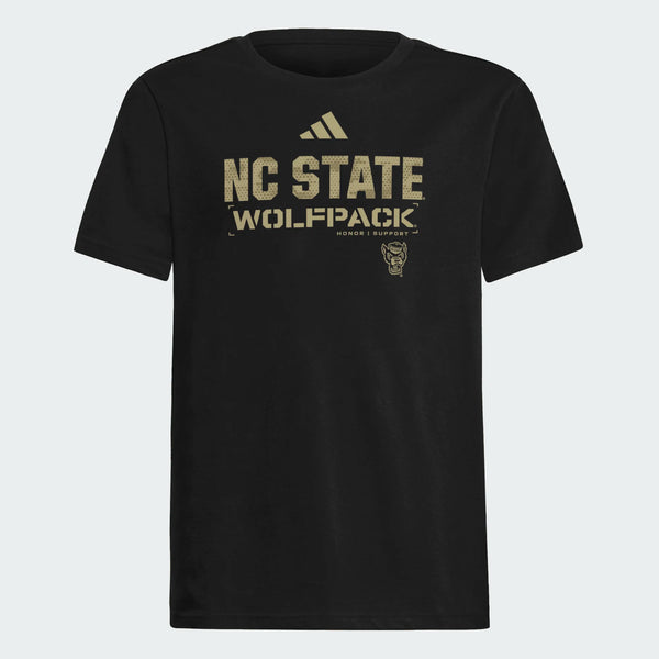 NC State Wolfpack adidas 2025 Youth Black Pregame Military Appreciation T-Shirt