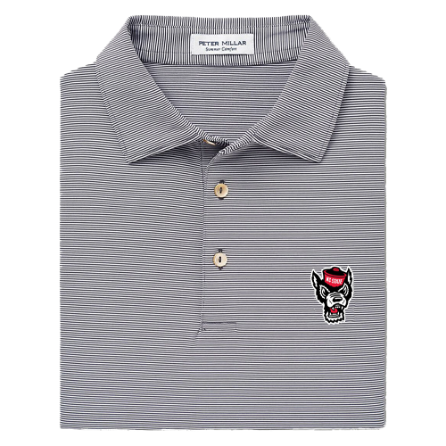 NC State Wolfpack Peter Millar Jubilee Striped Wolfhead Performance Polo