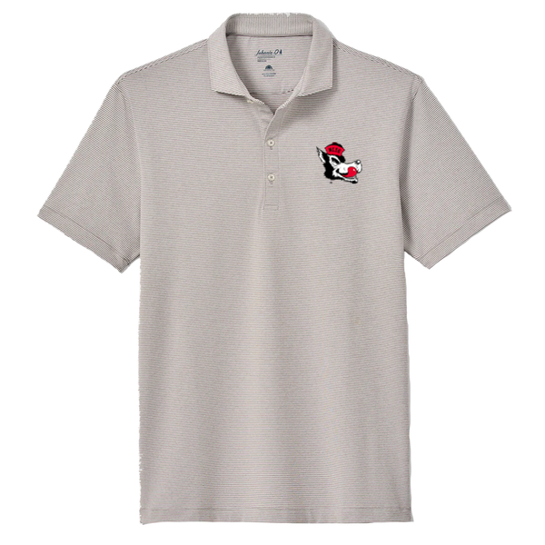 NC State Wolfpack Johnnie-O Meteor Grey and White Striped Vault Slobbering Wolf Lyndon Polo