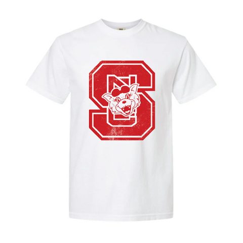 NC State Wolfpack Comfort Colors White Block S Ms. Wuf Head T-Shirt