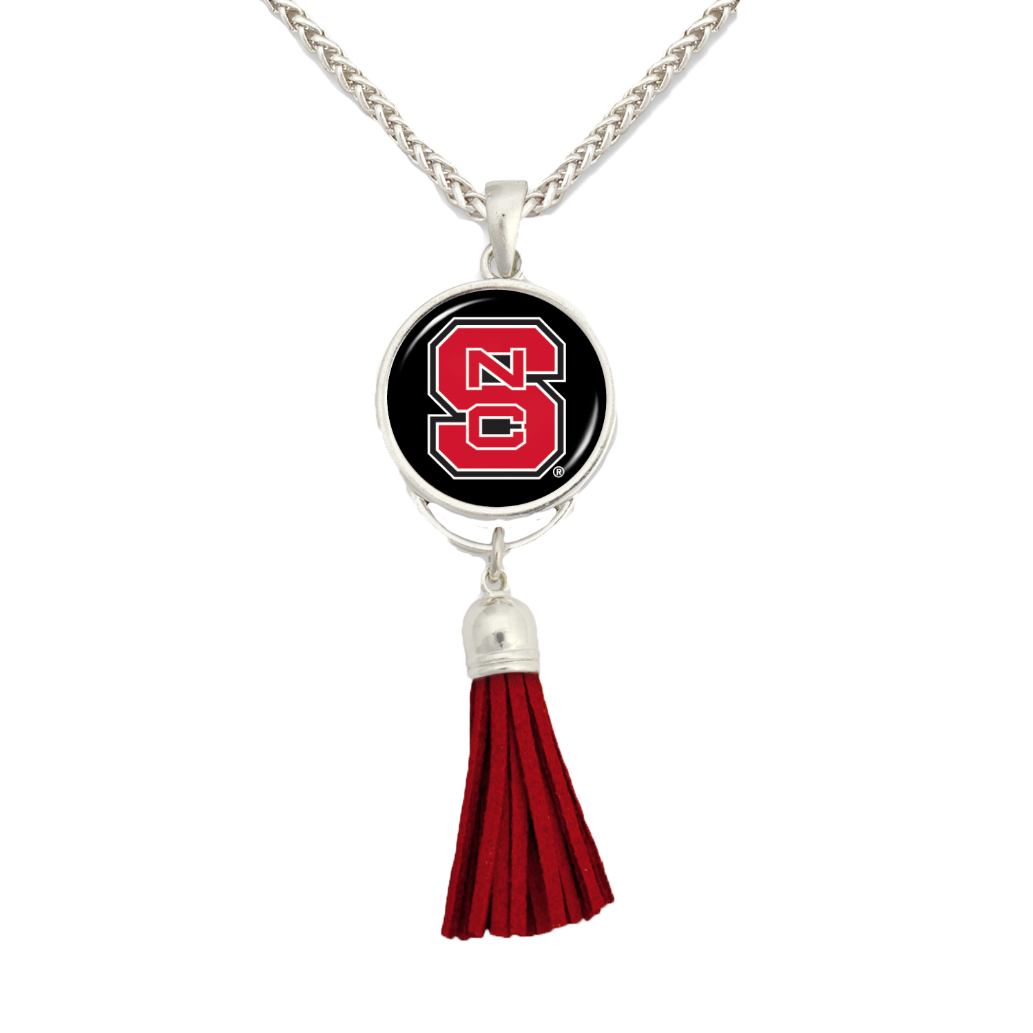 NC State Wolfpack Women's Long Tassel Red Block S Dome Necklace
