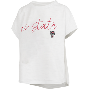 NC State Wolfpack Women's "Alexandra" White Sleeveless Drop Shoulder Waist Length T-Shirt