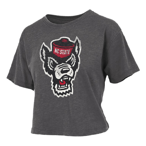 NC State Wolfpack Women's Heather Black Distressed Wolfhead Vintage Crop Top