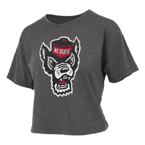 NC State Wolfpack Women's Heather Black Distressed Wolfhead Vintage Crop Top