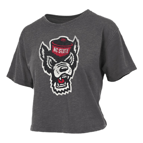 NC State Wolfpack Women's Heather Black Distressed Wolfhead Vintage Crop Top