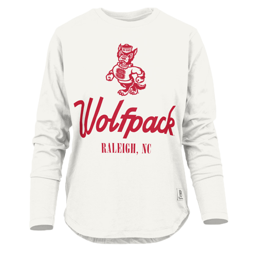 NC State Wolfpack Women's White Strutting Wolf Long Sleeve Rounded Bottom T-Shirt