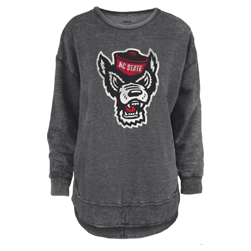 NC State Wolfpack Women's Heathered Black Wolfhead Rounded Bottom Fleece Crewneck