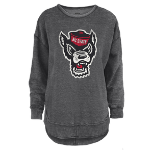 NC State Wolfpack Women's Heathered Black Wolfhead Rounded Bottom Fleece Crewneck