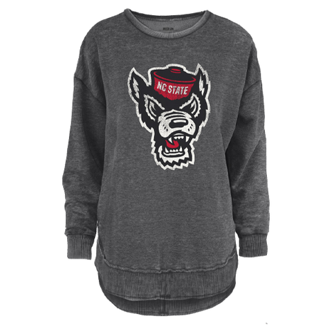 NC State Wolfpack Women's Heathered Black Wolfhead Rounded Bottom Fleece Crewneck