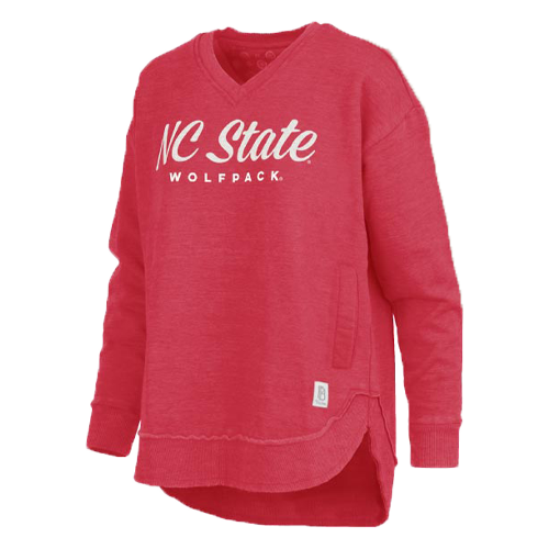 NC State Wolfpack Women's Red Abrianna V-Neck Rounded Bottom Melange Fleece Crewneck