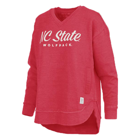 NC State Wolfpack Women's Red Abrianna V-Neck Rounded Bottom Melange Fleece Crewneck