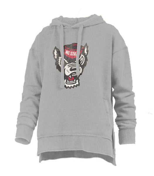 NC State Wolfpack Women's Grey Distressed Wolfhead Side Split Vintage Fleece Hooded Sweatshirt