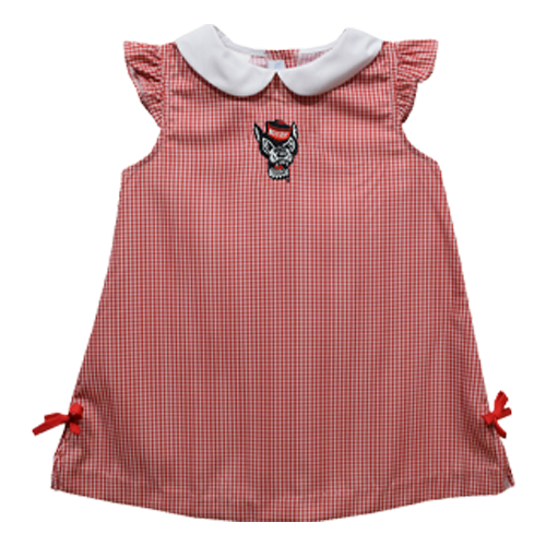 NC State Wolfpack Vive La Fete Gingham Infant Girls Embroidered Wolfhead A-Line Ella Dress