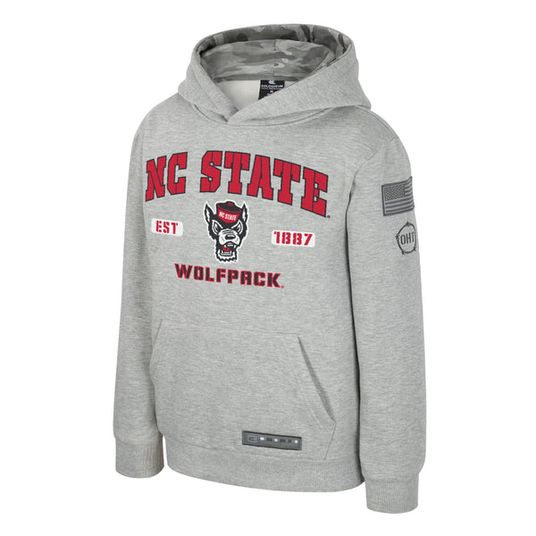 NC State Wolfpack Operation Hat Trick Youth Heather Grey/Sage Camo Hooded Sweatshirt