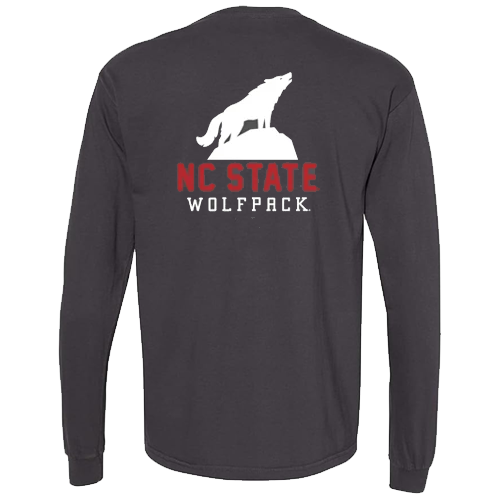NC State Wolfpack Dark Grey Long Sleeve Comfort Colors Wolf On Rocks T-Shirt