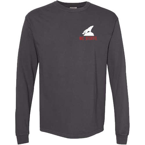 NC State Wolfpack Dark Grey Long Sleeve Comfort Colors Wolf On Rocks T-Shirt