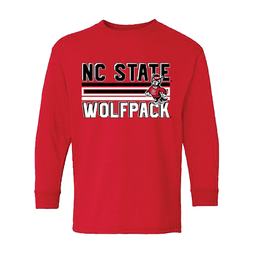 NC State Wolfpack Red Strutting Wolf Stripes Youth Long Sleeve T-shirt