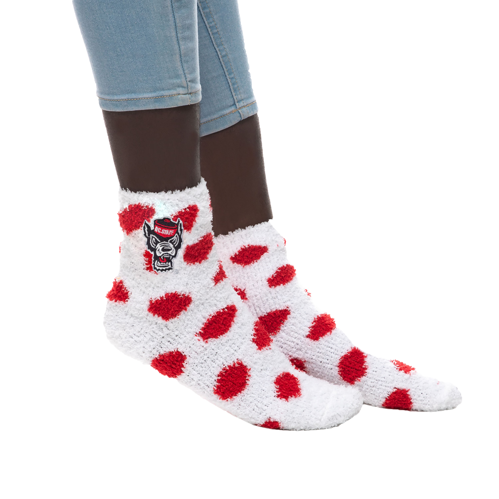 NC State Wolfpack White and Red Polka Dot Wolfhead Fuzzy Socks