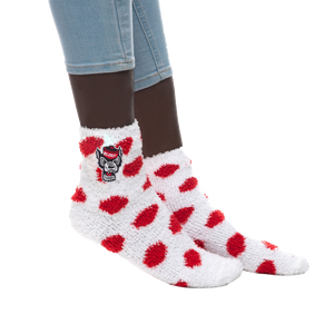 NC State Wolfpack White and Red Polka Dot Wolfhead Fuzzy Socks