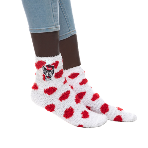 NC State Wolfpack White and Red Polka Dot Wolfhead Fuzzy Socks